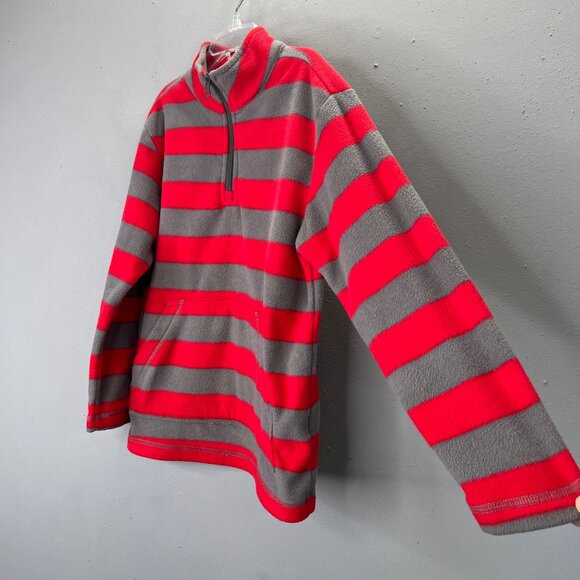 Hanna Andersson Fleece Pullover Sweater size 130 US 8 Red Gray Stripes 1/4 Zip - Picture 2 of 5